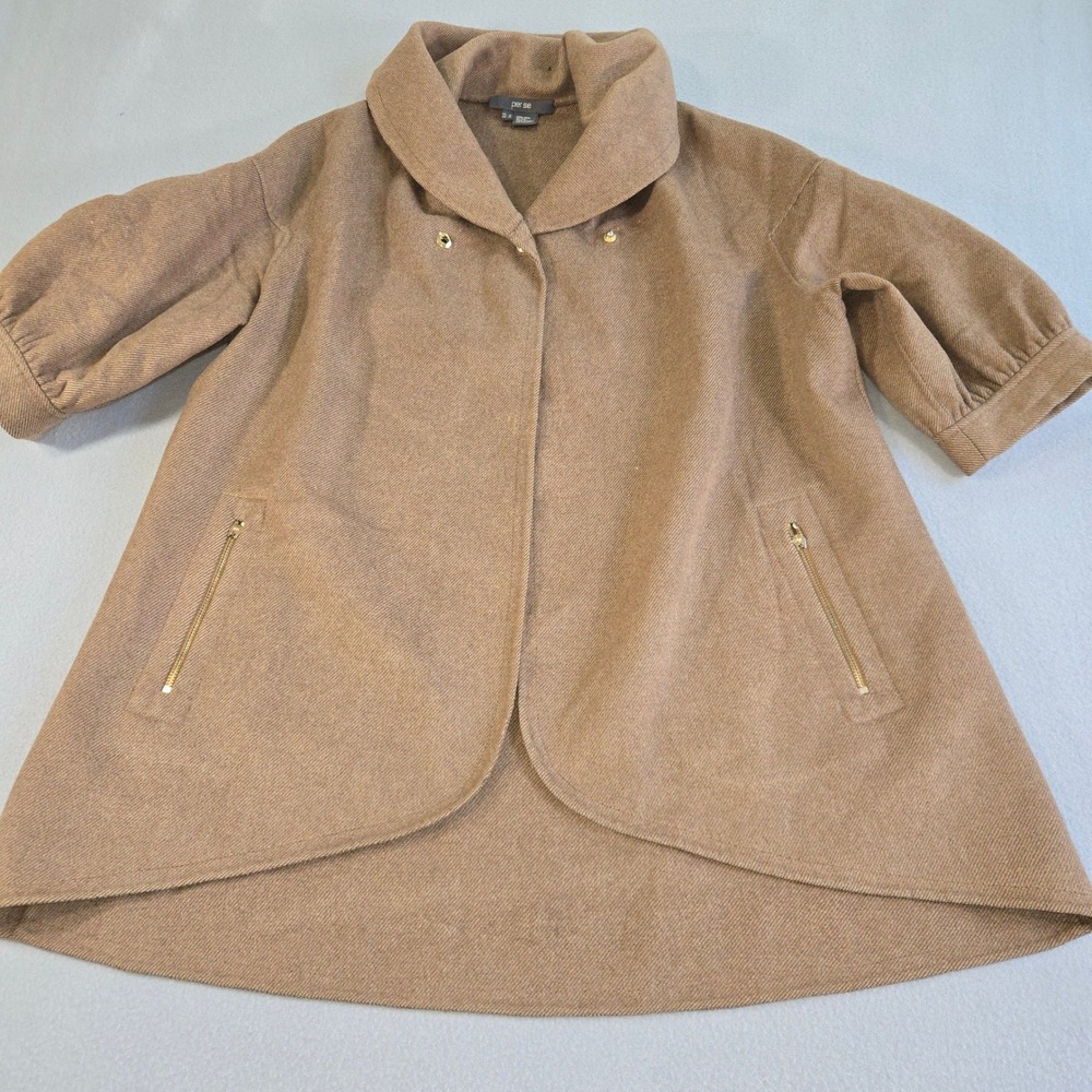 per se Wool Swing Coat Womens 8 Camel Tan 3/4 Puff Sleeve Shawl Collar Jacket
